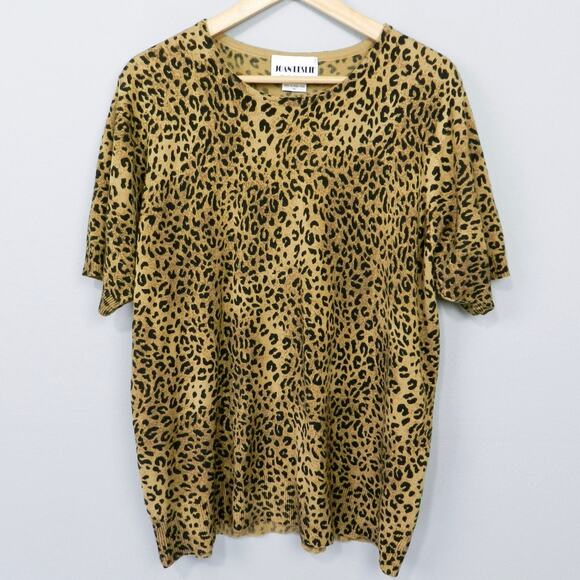 Vintage 90s Joan Leslie Leopard Print Knit Sweater Size 1X Short Sleeve Pullover - Picture 1 of 7